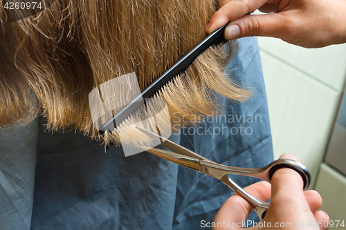 Image of hands trimming hair with scissors