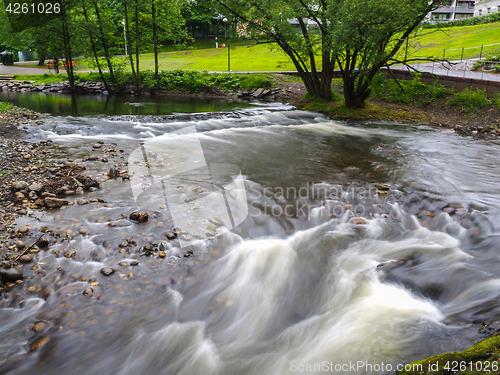 Image of Strong current in river passing around rocks with long exposure