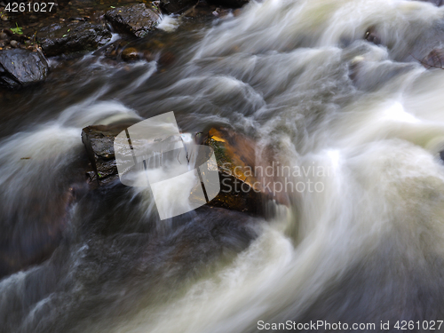 Image of Strong current in river passing around rocks with long exposure