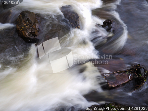 Image of Strong current in river passing around rocks with long exposure