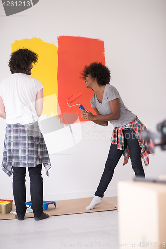 Image of multiethnic couple painting interior wall