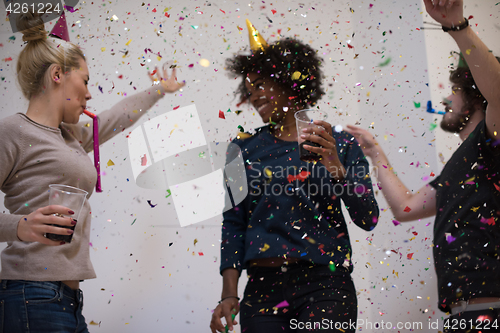 Image of confetti party multiethnic group of people