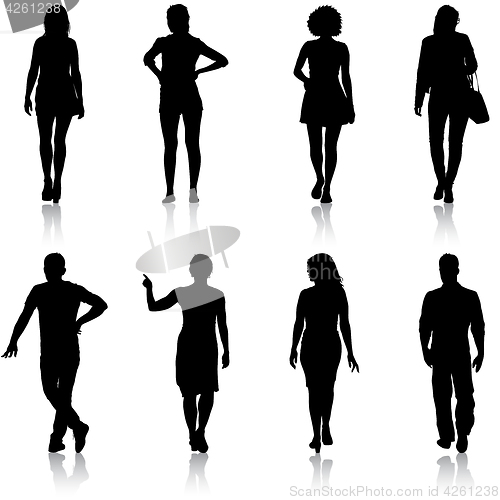 Image of Black silhouette group of people standing in various poses
