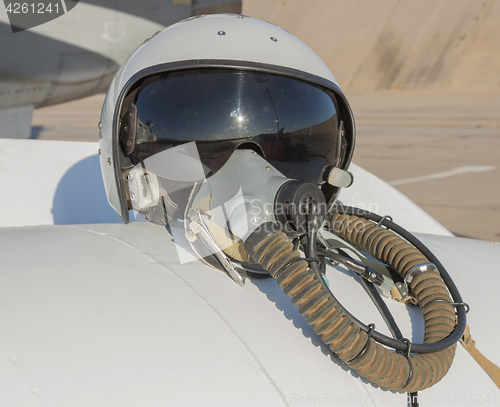 Image of Helmet and oxygen mask of a military pilot