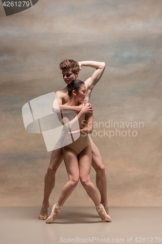 Image of Couple of ballet dancers posing over gray background