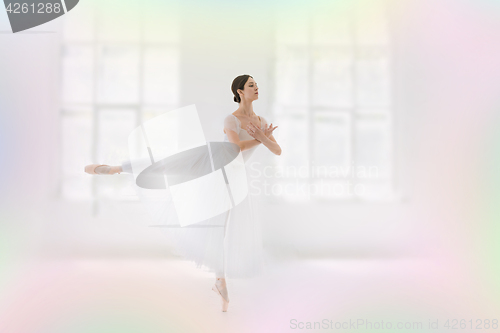 Image of Young and incredibly beautiful ballerina is posing and dancing in a white studio