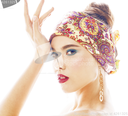 Image of young pretty modern girl with bright shawl on head emotional posing isolated on white background, asian people ethnicity