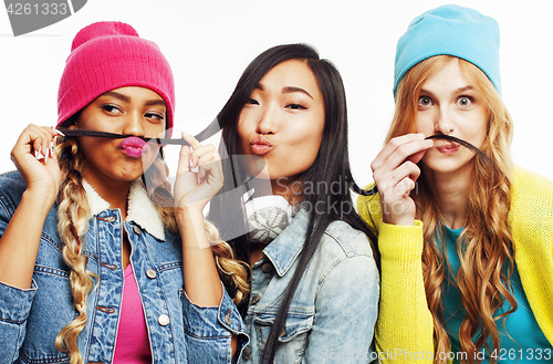 Image of diverse nation girls group, teenage friends company cheerful having fun, happy smiling, cute posing isolated on white background, lifestyle people concept