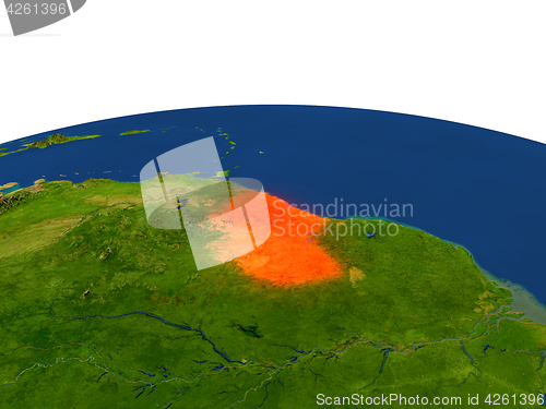 Image of Guyana in red from orbit