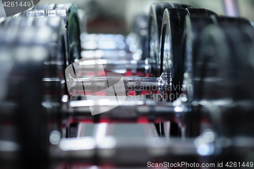 Image of Row of spinlock dumbbels in special rack