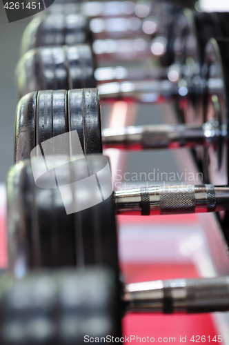 Image of Row of spinlock dumbbels in special rack