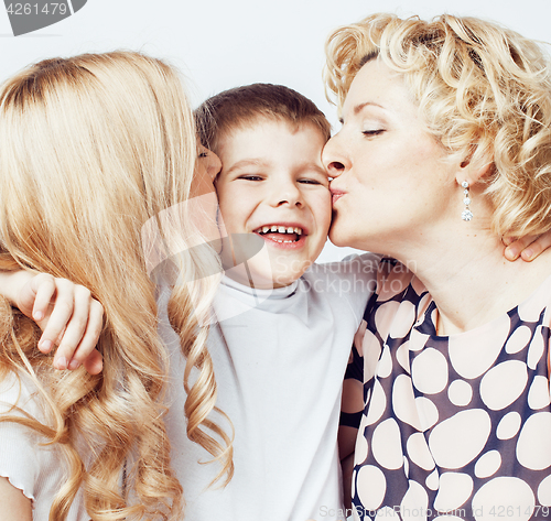 Image of happy smiling family together posing cheerful on white background, lifestyle people concept, mother with son and teenage daughter isolated 