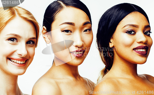 Image of three different nation woman: asian, african-american, caucasian together isolated on white background happy smiling, diverse type on skin, lifestyle people concept 