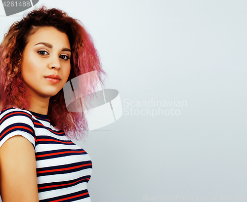 Image of young happy smiling latin american teenage girl emotional posing on white background, lifestyle people concept 