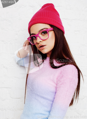 Image of young happy smiling latin american teenage girl emotional posing on white background, lifestyle people concept 