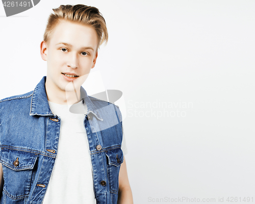 Image of young handsome teenage hipster guy posing emotional, happy smiling against white background isolated, lifestyle people concept