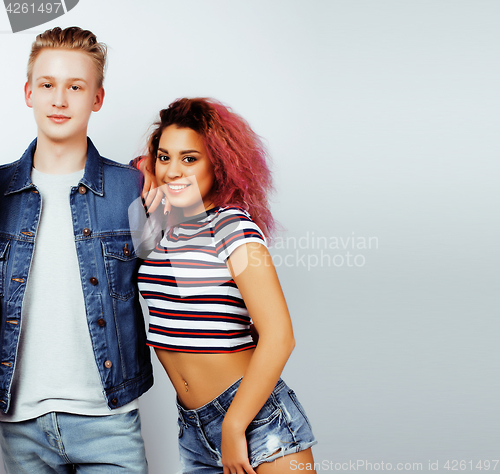 Image of best friends teenage girl and boy together having fun, posing emotional on white background, couple happy smiling, lifestyle people concept, blond and brunette multi nations