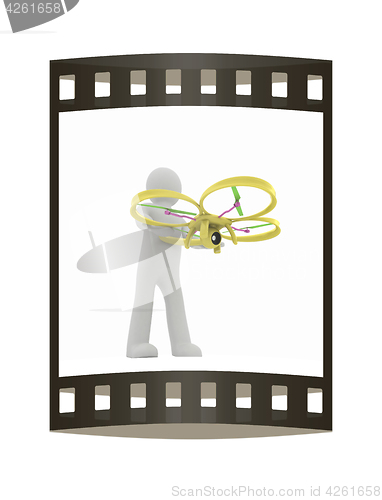 Image of 3d man with drone, quadrocopter, with photo camera. 3d render. 3