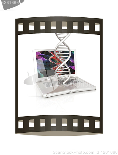 Image of Laptop with dna medical model background on laptop screen. 3d il