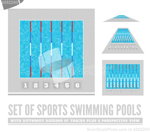 Image of Set of sports swimming pools with different number of tracks plus a perspective view