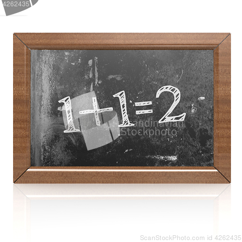 Image of Sum one plus one equals two written on blackboard