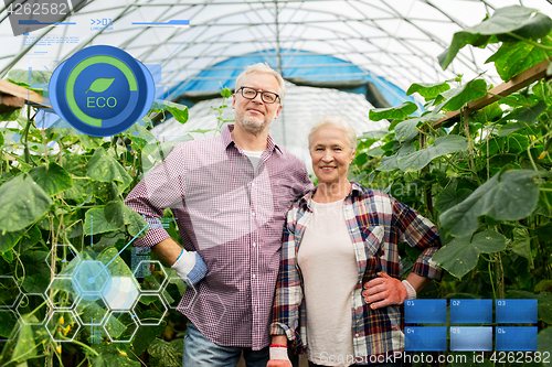 Image of happy senior couple at farm greenhouse