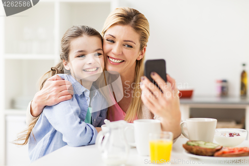 Image of happy family taking selfie by smartphone at home
