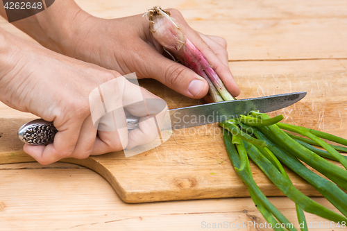 Image of hands chopping green onion on the wooden cutting board