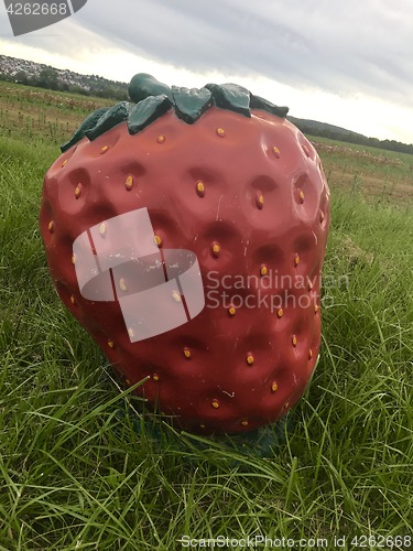 Image of Funny giant strawberry sculpture in the fields