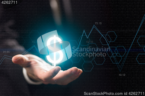 Image of Currency symbols on human hand. Money making and wealth