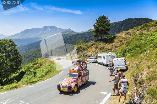 Image of Cochonou Caravan in Pyrenees Mountains - Tour de France 2015