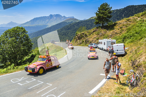 Image of Cochonou Caravan in Pyrenees Mountains - Tour de France 2015