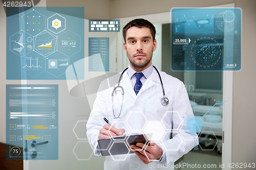 Image of doctor with stethoscope and clipboard at hospital