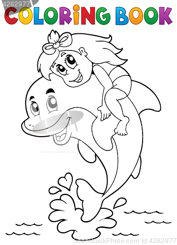 Image of Coloring book girl sitting on dolphin