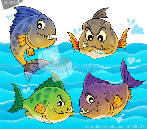 Image of Water and four piranhas