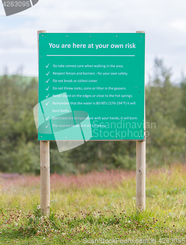 Image of Large warning sign, hot springs Iceland