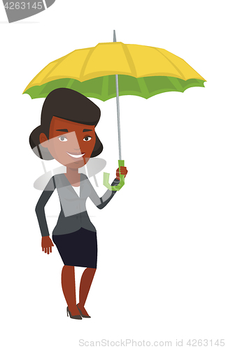 Image of Business woman insurance agent with umbrella.