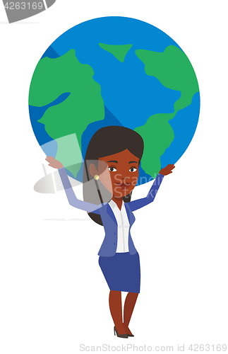 Image of Businesswoman holding globe vector illustration.