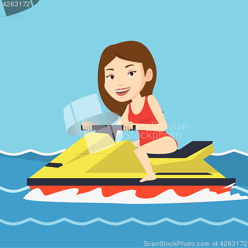 Image of Caucasian woman training on jet ski in the sea.