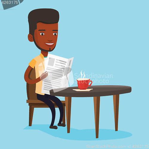 Image of Man reading newspaper and drinking coffee.