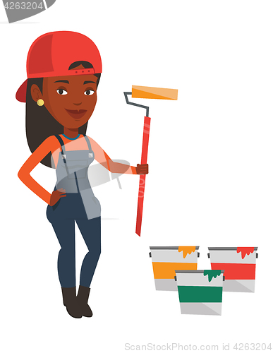 Image of Painter holding paint roller vector illustration.