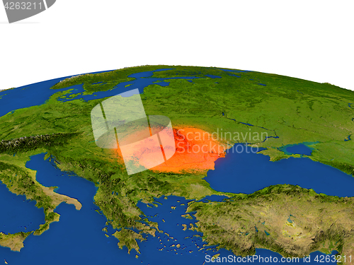 Image of Romania in red from orbit