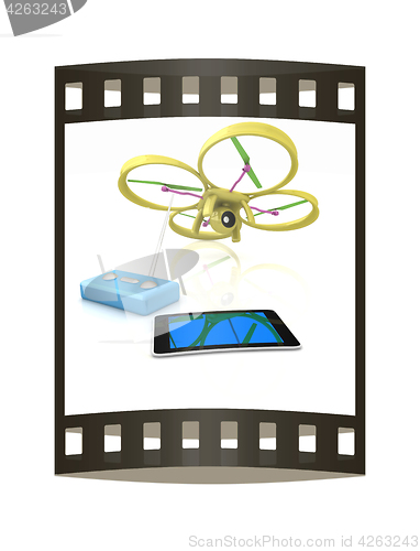 Image of Drone, remote controller and tablet PC. The film strip