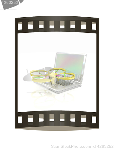 Image of Drone and laptop. 3D render. The film strip