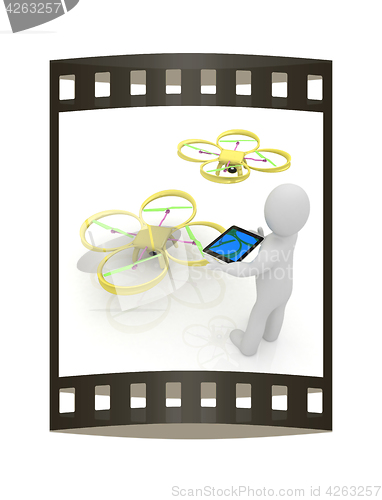 Image of 3d white people. Man flying a white drone with camera. 3D render