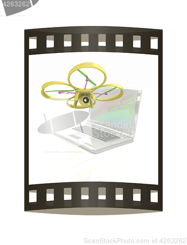 Image of Drone and laptop. 3D render. The film strip