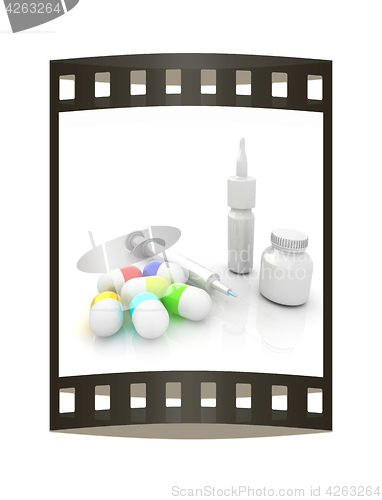 Image of Syringe, tablet, pill jar. 3D illustration. The film strip