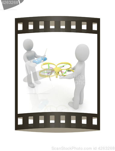 Image of 3d man with drone, quadrocopter, with photo camera. 3d render. 3