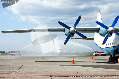 Image of Water Salute for first flight in airport.