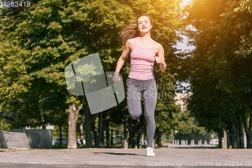 Image of Pretty sporty woman jogging at park in sunrise light
